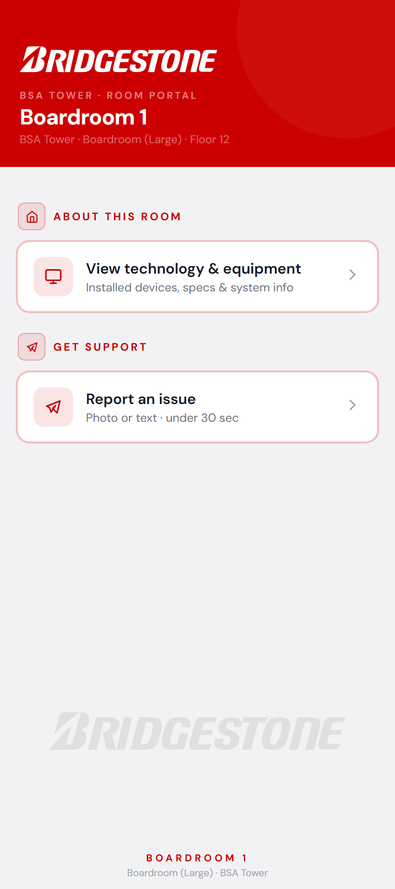A room AV portal for Boardroom 1: a View technology and equipment entry and a Report an issue entry. Data shown is demo data.