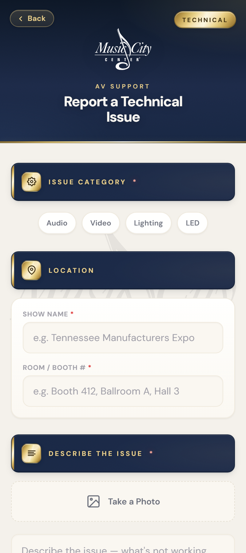 A report-an-issue form: issue category, show name and room or booth number, a take-a-photo control, and a description field. Data shown is demo data.