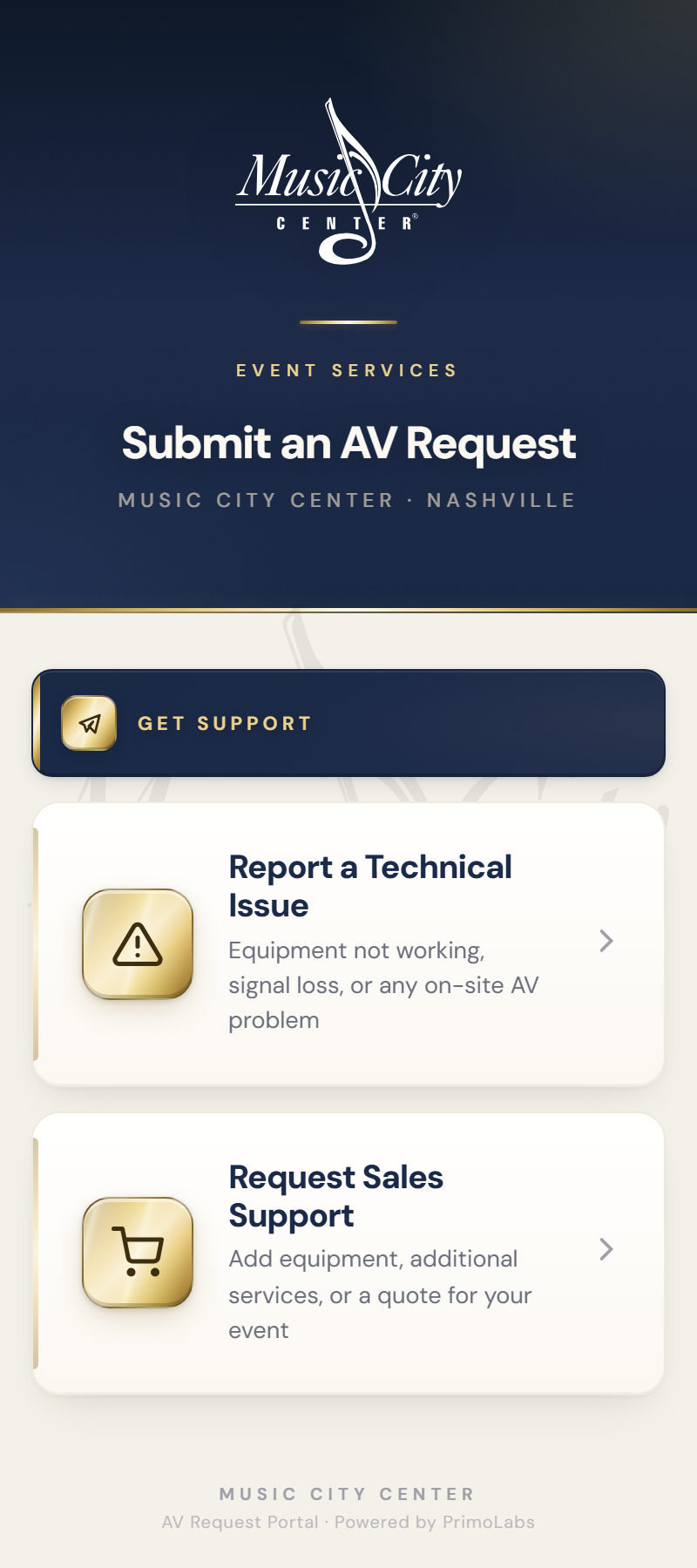 A venue AV request app: a Report a Technical Issue path and a Request Sales Support path, in the venue's branding. Data shown is demo data.