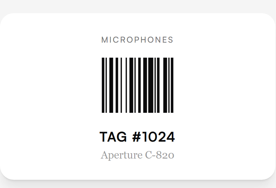 A printed equipment label: a Code-128 barcode over tag number 1024 and the model name, in the Microphones category. Record shown is demo data.