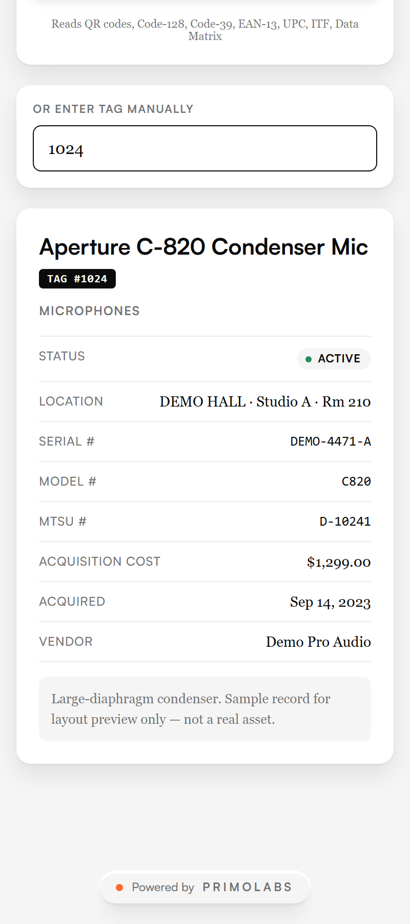 An equipment record pulled by tag: status, location, serial, model, acquisition cost, acquired date, and vendor for a studio condenser mic. The record shown is demo data, not a real asset.