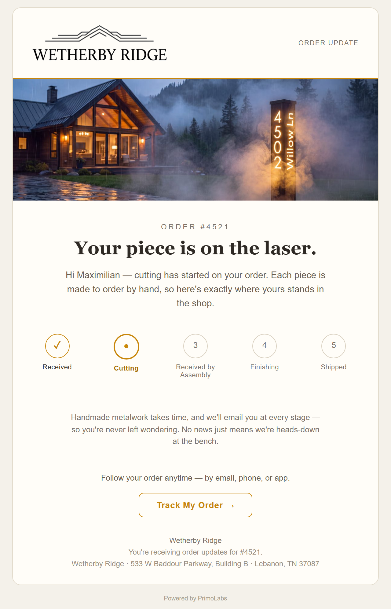 A branded “Your piece is on the laser” stage-update email marking the Cutting stage.