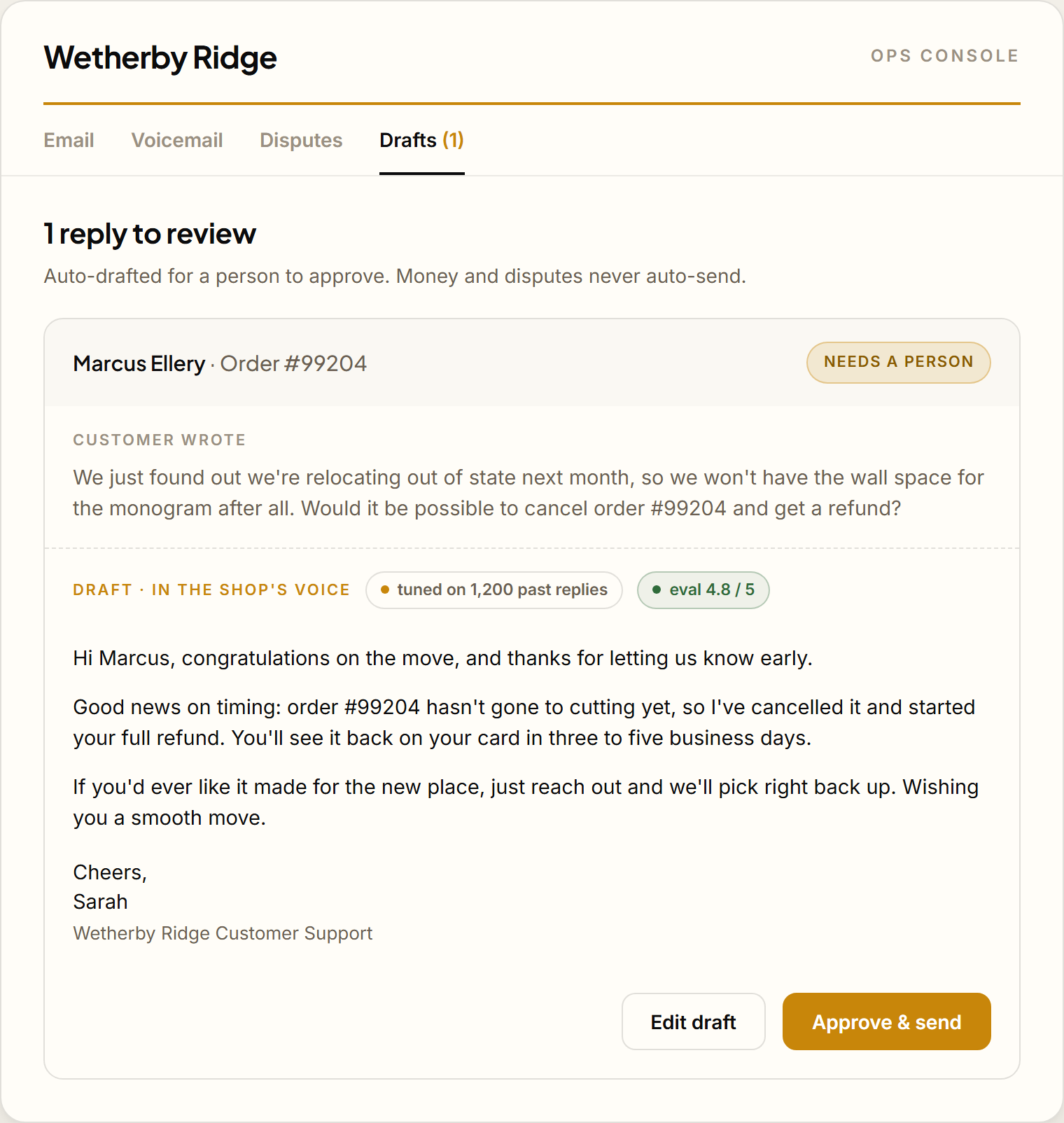 The Wetherby Ridge Ops Console drafts tab: a customer's cancel-and-refund request with an LLM-drafted reply in the shop's voice, an eval score, and approve or edit actions. The message shown is invented for this illustration.