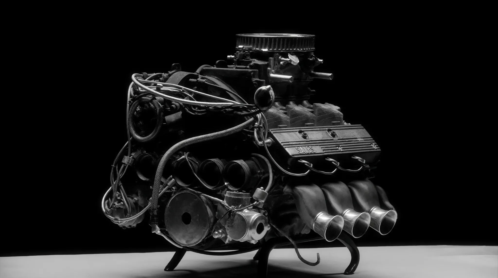 A black and white studio shot of a V8 engine on a stand, the word SALES cast into its valve cover.