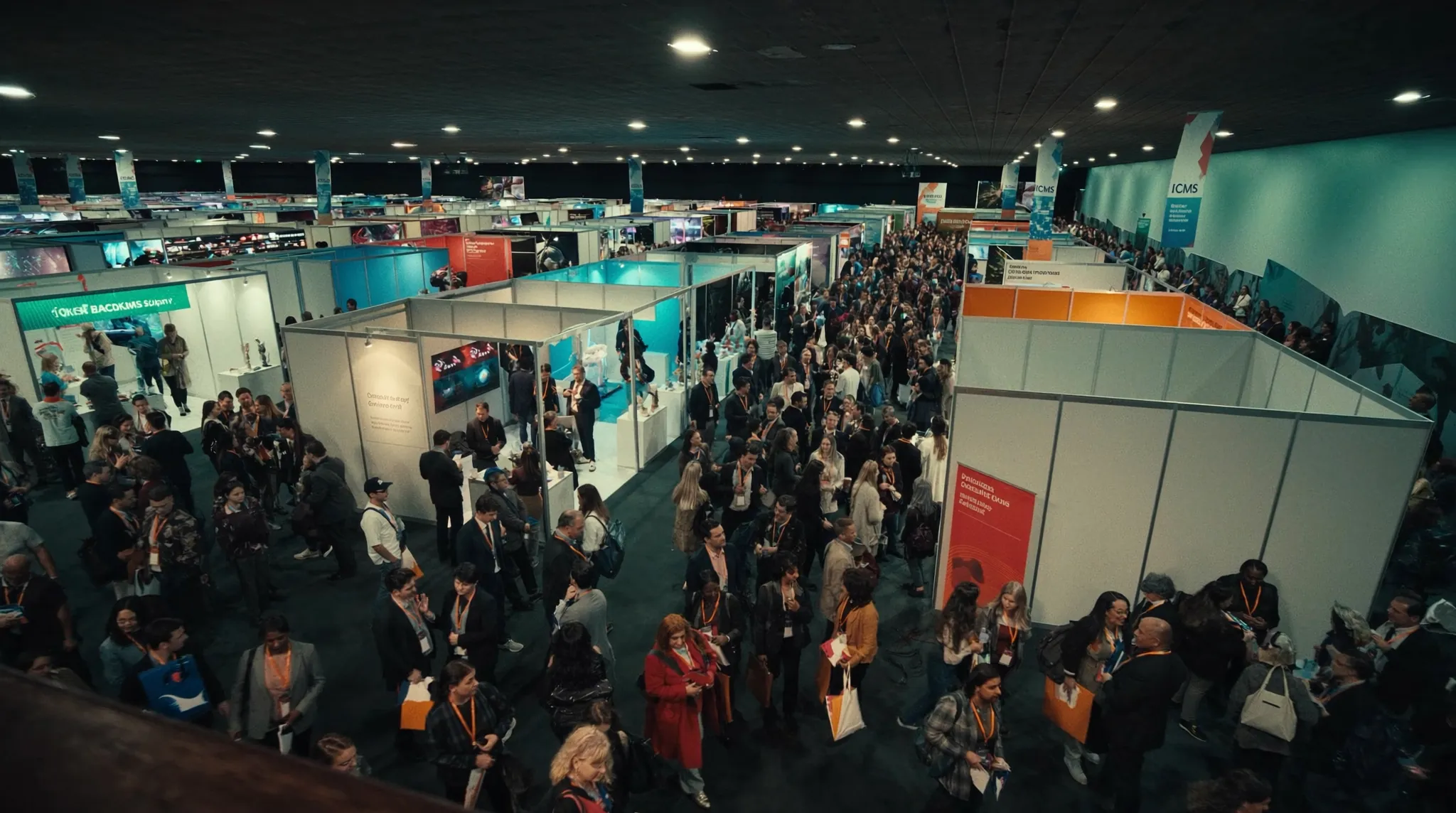 A crowded convention hall seen from above: rows of exhibit booths and attendees filling the aisles.