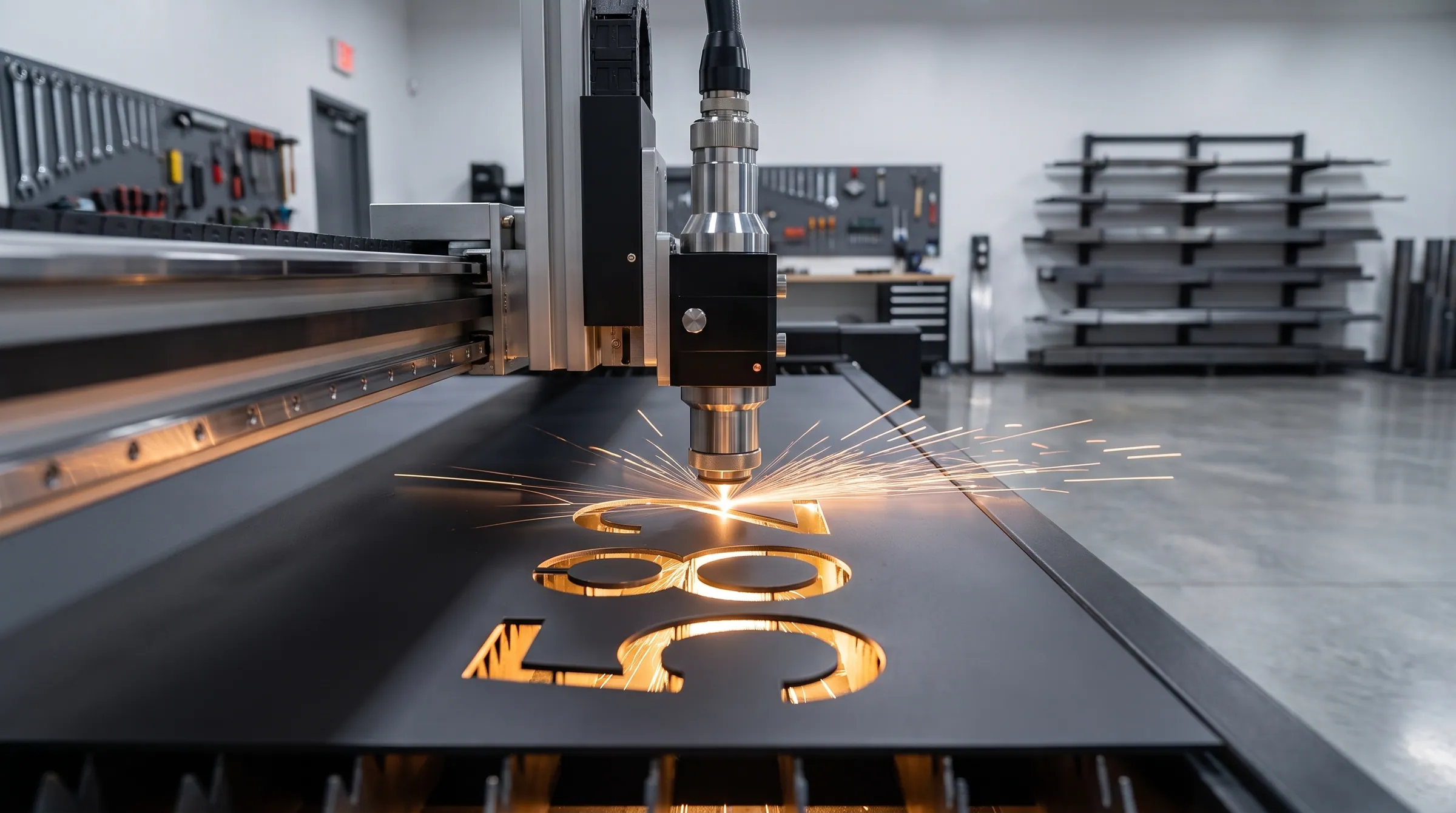 A laser cutting head cutting house numerals out of a black steel sheet, sparks flying, in a fabrication shop.