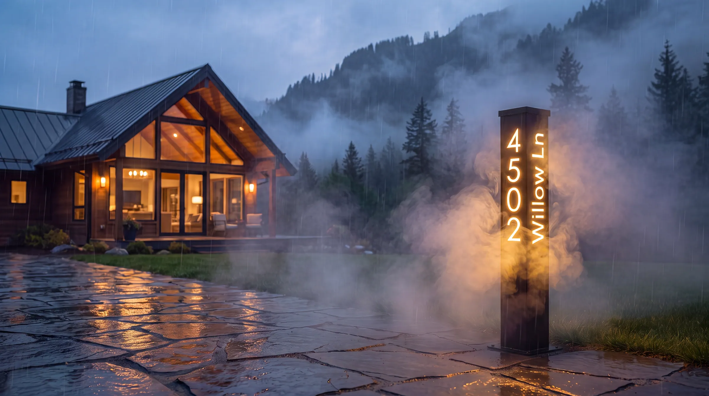 An illuminated steel address post glowing in fog outside a timber-framed home at dusk.